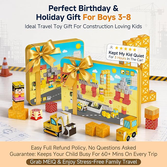 Magnetic Blocks Travel Kit: 100PCS Engineering Construction STEM Building Cubes with N32 Strong Magnets, Carry Tin Storage, Birthday Gifts for 3-8 Year Old Boys
