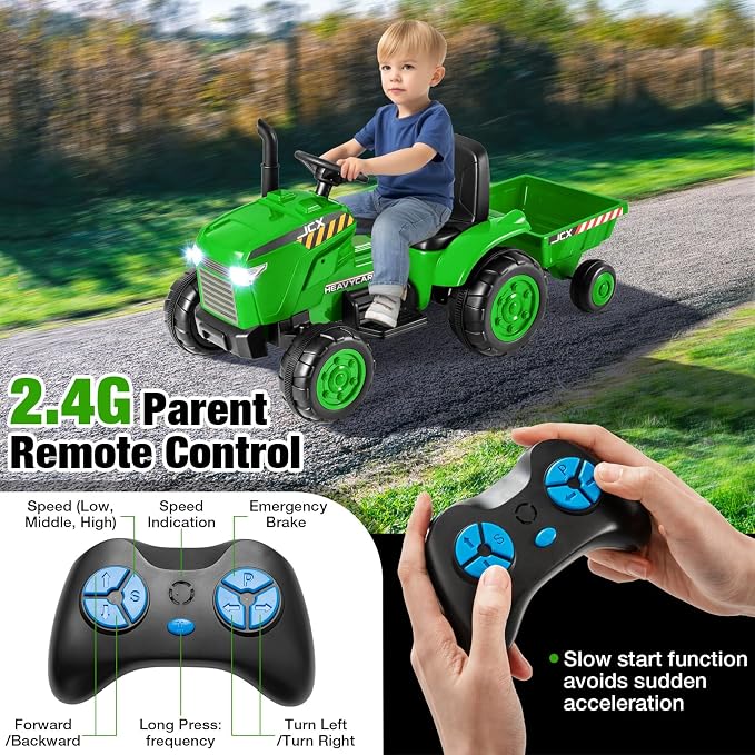Costzon 2-in-1 Ride on Tractor, 12V Kids Ride on Car w/Detachable Trailer, Remote Control, Wireless Connection, Horn, Music/Lights/Spring Suspensions, Tractor Toys for Kids (Plastic Tires, Green)