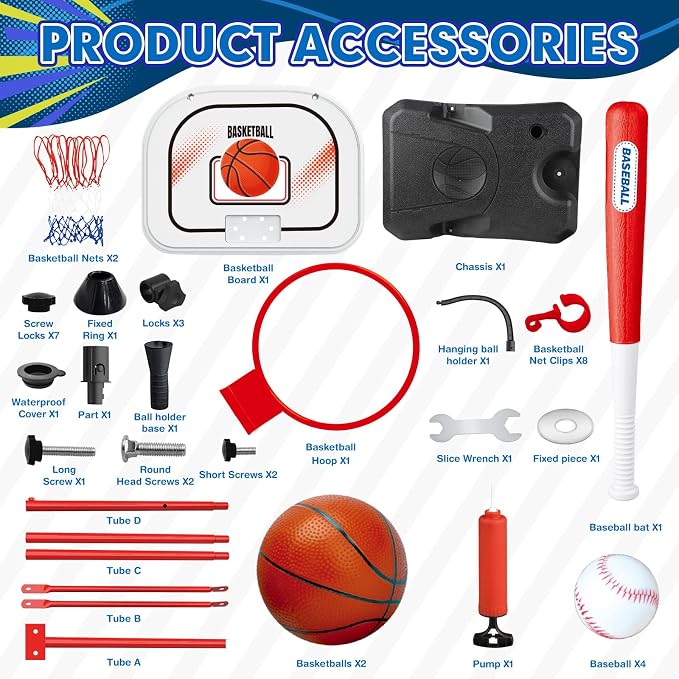 3-In-1 Kids Basketball Hoop and T Ball Set for Age 3-5 6-8, Adjustable Toddler Basketball Hoop, Hanging Tee Ball for Outdoor, Birthday Christmas Sport Toys Gift for Boys Girls 3 4 5 6 7 8 Year Olds