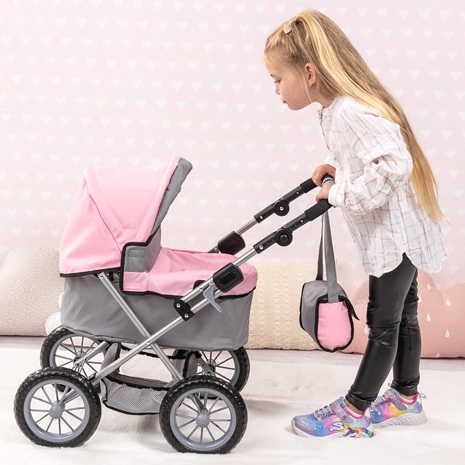 Bayer Design Baby Doll Stroller & Doll Pram for Kids Ages 2-8, Adjustable Handle, Grey/Pink