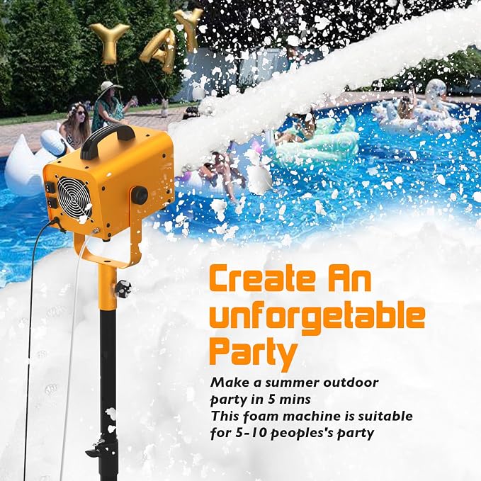 Foam Machine for Party, Foam Party Machine 2–4m Spray Distance, AC110V Foam Machine with Water Pump, 4-Position Adjustable Tripod Stand, Outdoor Foam Party for Kids Backyard Birthday