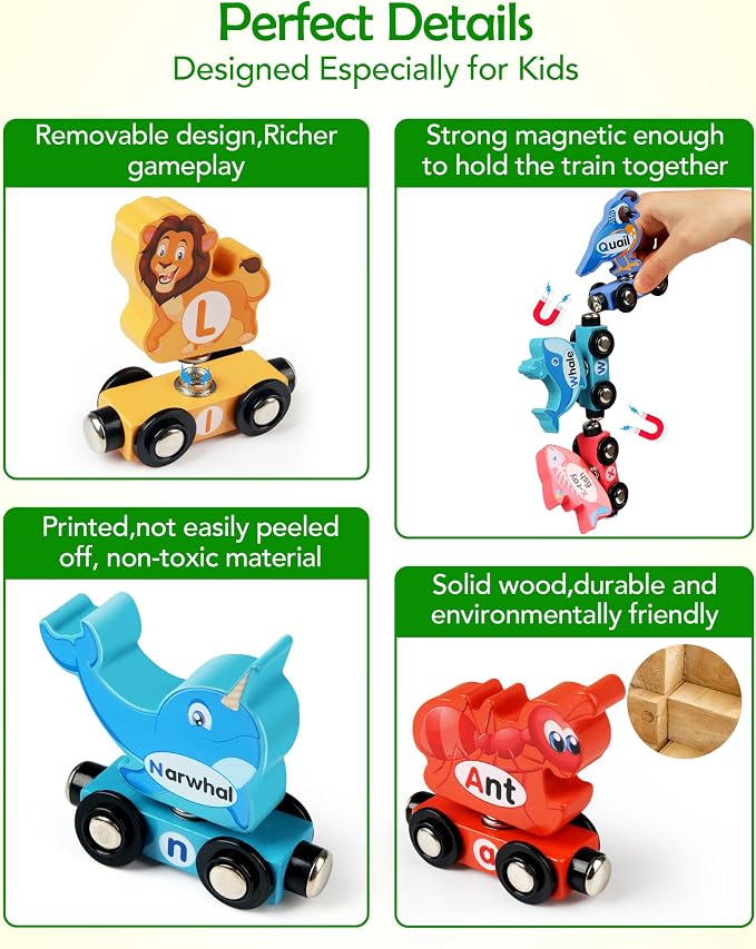 Vanmor Wooden Alphabet Train Set for Toddlers 3-5, Magnetic Animal ABC Train with Uppercase & Lowercase Letter Matching, Montessori Phonics Learning Toy for Preschool & Kindergarten Boys Girls