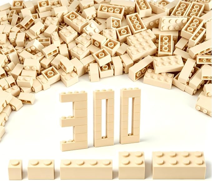 300Pcs Building Brick Bulk, Tan Bulk Bricks with 5 Sizes, Compatible with Lego and Parts and Pieces, Creative Building Block Toys for Boys Girls Ages 6 7 8 9 10 Years Old