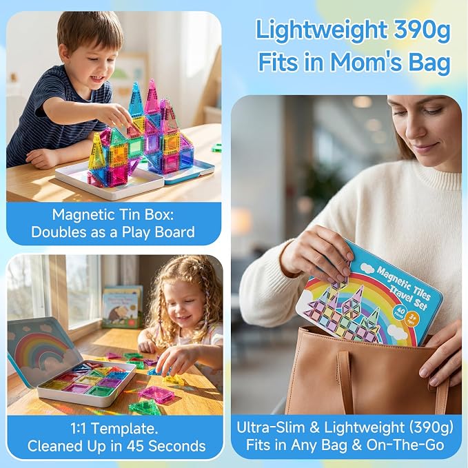 Mini Magnetic Tiles for Kids Travel: 40 PCS Pocket Magnet Building Blocks in Tin Box to Stop Crying - 60 Mins Quiet Play at Church Restaurant - Boys Girls Age 3-8