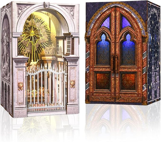 2 Pack DIY Dollhouse Kit, European Sacred Church Miniature with LED Light & Dustproof Design, Easy Assembly Wooden Architecture Craft for Adults Bookshelf Decor Creative Gift
