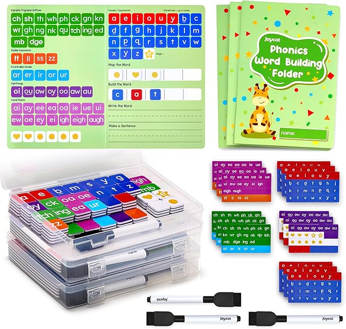 JoyCat 3 Sets Magnetic Letter Tiles for Classroom with 3 Folders - ABC Letters with Erasable Marker, Word-Building Folder & Storage Case, Phonics & Spelling Game for Kids 3+, Preschool & Pre-K