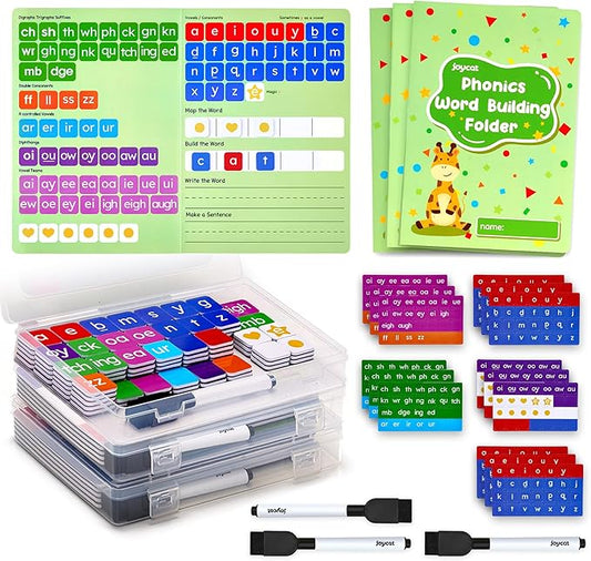 JoyCat 3 Sets Magnetic Letter Tiles for Classroom with 3 Folders - ABC Letters with Erasable Marker, Word-Building Folder & Storage Case, Phonics & Spelling Game for Kids 3+, Preschool & Pre-K