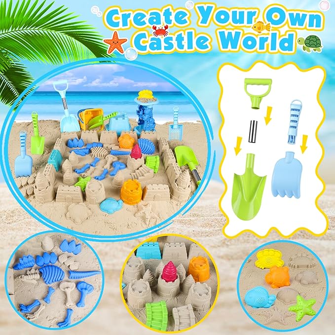 Beach Toys for Kids Toddlers, Sand Castle Toys with Bucket, Water Wheel, Long Shovel, Dinosaur Travel Sand Toys for Beach & Mesh Bag, Sandbox Essentials Toy for Toddlers Kids Baby Boys Girls Age 3-10