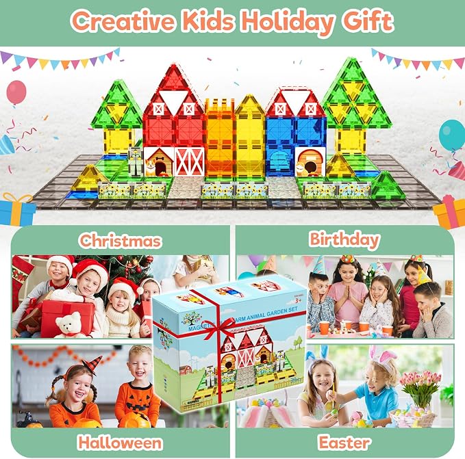 Magnetic Tiles Toddler Toys Garden Farm Animal Set, Magnetic Blocks Montessori Sensory Educational Learning Building Magnet Toys for 3 4 5 6 Year Old Boys Girls, Kids Games Party Birthday Easter Gifts