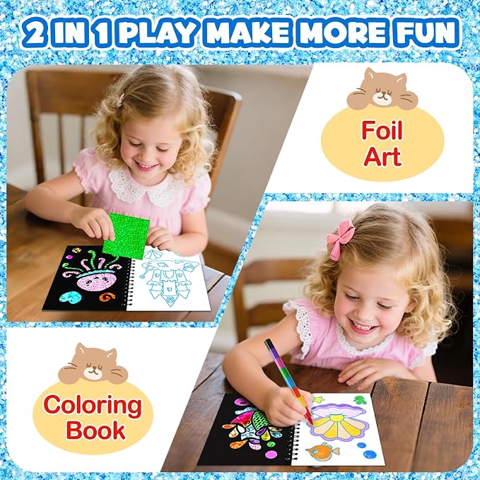 FUNNYB&G Foil Art Party Favors for Kids - 24 Pack Foil Art Crafts Kits Coloring Books, Goodie Bag Stuffers Party Favors for Kids 4-8 8-12, Bulk Birthday Classroom Prizes Girls Boys Gifts (Ocean)