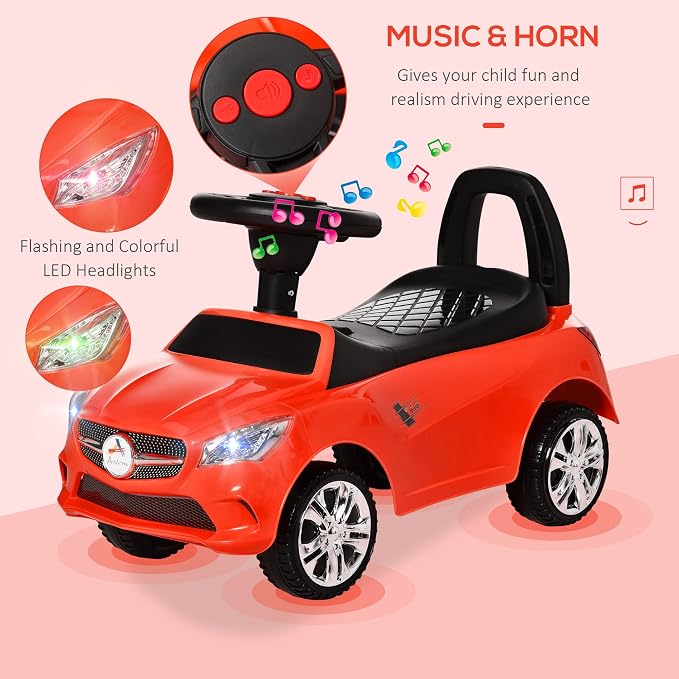 Aosom Kids Ride On Push Car, Foot-to-Floor Walking Sliding Toy Car for Toddler with Working Horn, Music, Headlights and Storage, Red