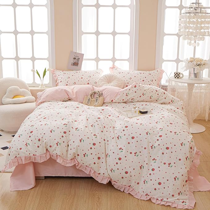 Strawberry Print Comforter Set Pink White Ruffled Bedding Comforter Full Size Soft Fluffy Floral Bedding Set Kawaii Strawberry Fruit Comforter Set for Kids Girls Lightweight and Cozy for All Seasons