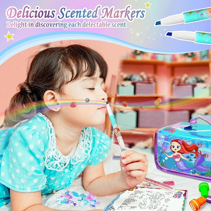 weirtoya 56 PCS Washable Scented Markers with Glitter Pencil Case, Mermaid Unicorn Arts and Crafts for kids 4-6-8 Kids Coloring Drawing Kits for 4-8 Years Old Girls (Mermaid, 56)