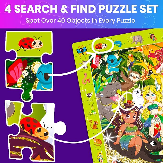 QUOKKA 100 Piece Puzzles for Kids Ages 4-6 – 4 Set Princess Puzzles for Kids Ages 6-8 with Unicorn, Mermaid, Fairy – Search and Find Jigsaw Game for Girls 5-8 – Learning Toy Gift for Toddlers 3-5