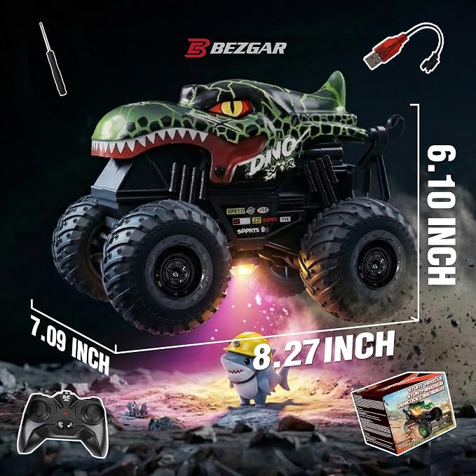BEZGAR 1:20 Monster Truck Toys, 360°Stunt RC Cars Rotation Dinosaur Toys with Music, 2 Batteries and Wireless LED Strobe Lights, Remote Control Car for Boys 4 5 6 7 8 9 Years Old(Green)