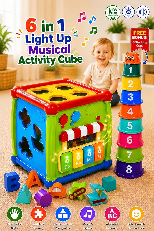 Shape Sorting Cube with Music & Lights - 6 in 1 Sensory Busy Cube Stacking Cups Activity Toy for Toddlers 18+ Months, Educational Learning Toys for Boys & Girls