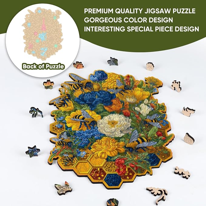 Mys Aurora Puzzles for Adults Flower and Bee Wooden Puzzles, 500 Pieces Unique Shaped Jigsaw Puzzles, Birthday for Mom Adults, Fun Challenge Family Game