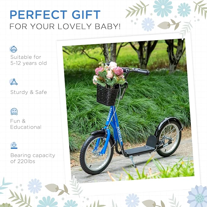 Aosom Youth Scooter, Kick Scooter with Adjustable Handlebars, Double Brakes, 16" Inflatable Rubber Tires, Basket, Cupholder