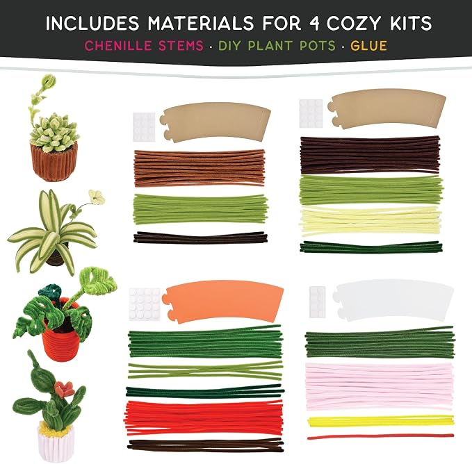 WeVeel Cozy Craftworks Chenille Stem Craft Kit for Adults – CC Small Plants Bundle – Relaxing DIY Arts & Crafts Kit with All Supplies