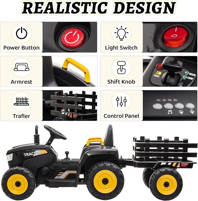TOBBI Kids Electric Ride On Toy Tractor, Toddlers 12V Battery-Powered Car to Drive, 35W Dual Motor 6-Wheels Trailer Vehicle with 3-Speeds/LED & Horn Functions for Chirdren Aged 3-8-Black
