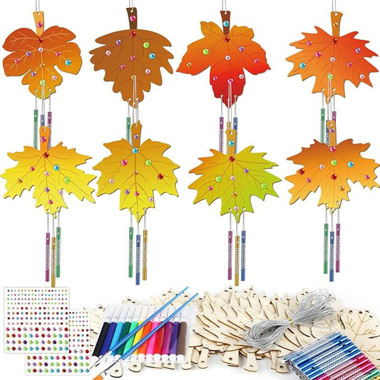 gisgfim 16 Pack Fall Wind Chime Kits for Make Your Own Maple Leaves Wind Chime Wooden DIY Arts and Crafts for Thanksgiving Autumn Party Decorations Supplies Birthday Favor