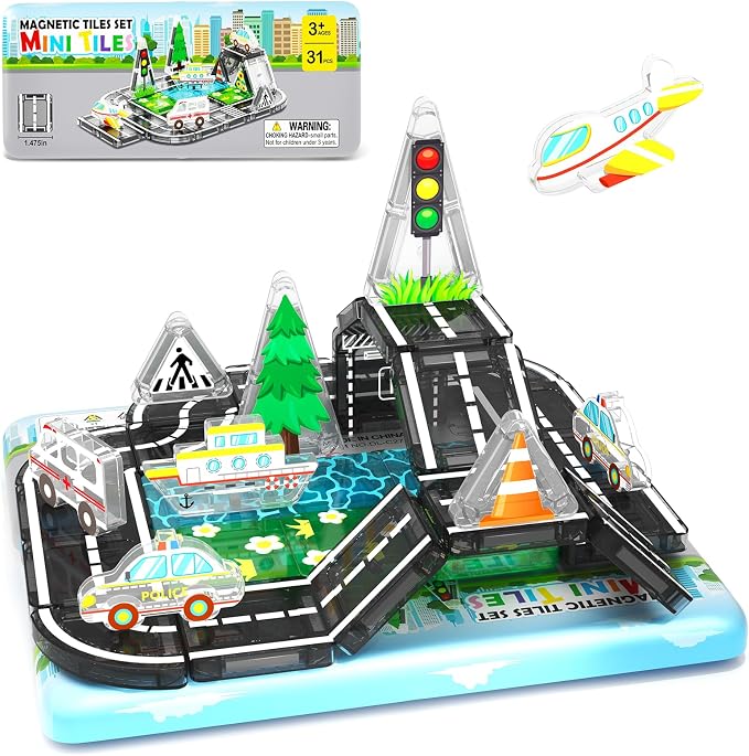 Road Mini Magnetic Tiles with Case Travel Toys for 3+ Year Old Boys Girls