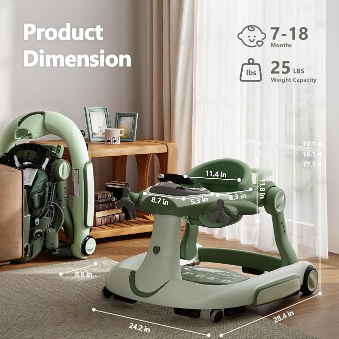 Kinder King 8-in-1 Baby Walker with Music & Lights, 3 Level Adjustable Height, Foldable Toddler Walker with Speed Adjustable Wheels, Easy to Clean, Baby Walkers for Boys & Girls 6-18 Months