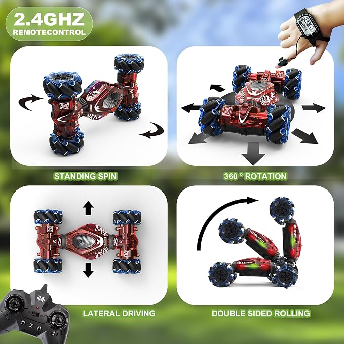 Gesture RC Car,1:24 4WD Transform Off-Road Stunt Car with Gesture & Remote Control, 360° Flips Drift Vehicle with LED Lights Music, All Terrain Toy Cars Gifts for Boys Girls Age 6-12