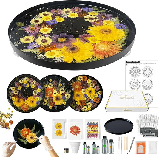 Auraeve All-in-One Resin Tray Craft Kit for Adults, Black-Pro, 11.8" | 54Pcs Real Flowers, 13.5OZ Epoxy Resin, Metal Tray, Gift for Craft Lovers, Create a Unique Trinket Organizer, Décor