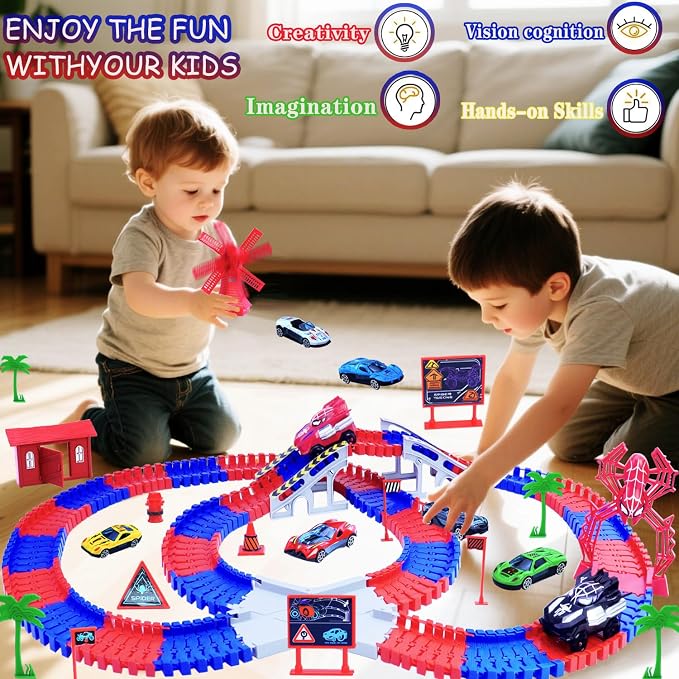 Spider Toys for Kids, 221 PCS Boys Spider Race Track with 6 Alloy Cars Toys, DIY Monster Truck Flexible Tracks for 3 4 5 6 Year Old Toddler Birthday Party Favor Gift