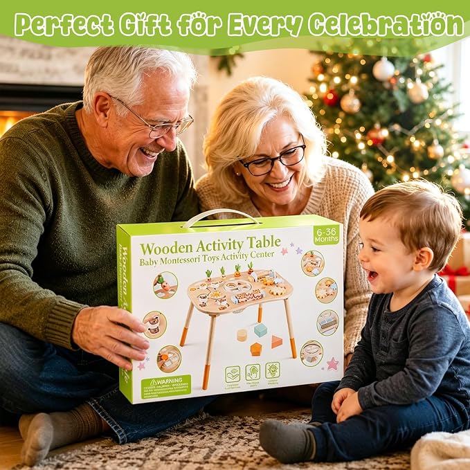 Wooden Montessori Activity Table for Toddlers 6-36 Months | 6-in-1 Montessori Baby Activity Center with Shape Sorter, Sensory Learning Toys for Boys & Girls, 1st Birthday Gifts