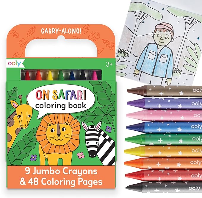 Ooly Kids Travel Activity Kit – 9 Jumbo Crayons & 48 Coloring Pages, Car Crafts for Kids, Mess-Free Road Trip Art Set, Airplane Activities – Safari