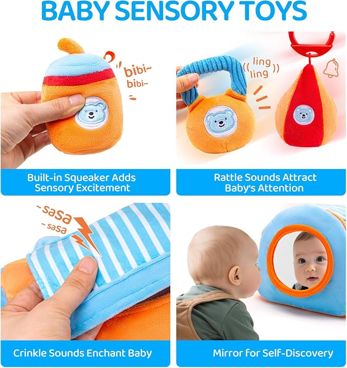 Baby Toys 3-6-12 Months Sensory Toy for Babies Workout Dumbbell Weights Toy Set with Rattles,Crinkle,Mirror & Teether,Montessori Toys for 6 Month Old Infant Baby Girl Boy Gifts