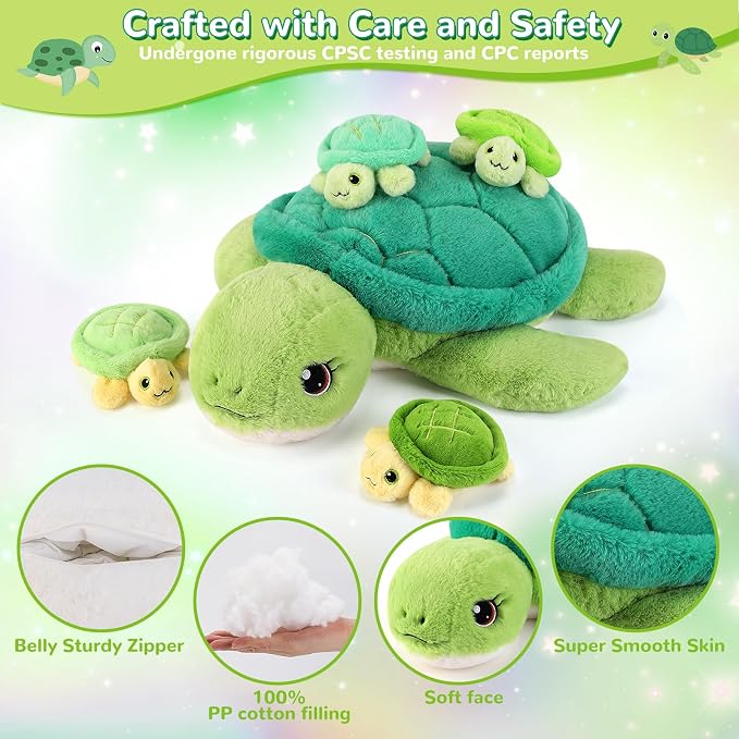 gnomantic Turtle Stuffed Animals with Babies Inside, Mommy Toy for Kids | 5-Piece set: 1 mommy turtle + 4 baby turtles inside. Unzip belly to reveal surprise babies. Ultra-soft, ages 3-8.