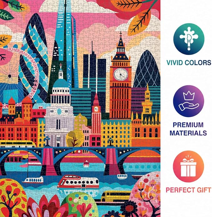 Cross & Glory - Colourful London - 1000 Piece Jigsaw Puzzle for Adults | Iconic Landmarks of London | Challenging Puzzle for Art and Travel Lovers