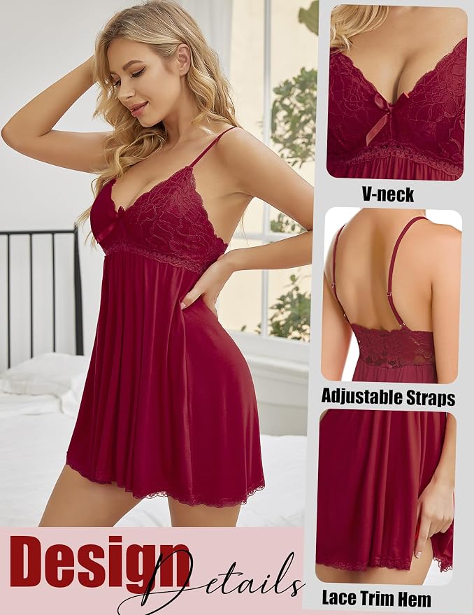 Avidlove Women Nightgown Sexy Sleepwear Lace Chemise V-neck Modal Babydoll Lounge Dress