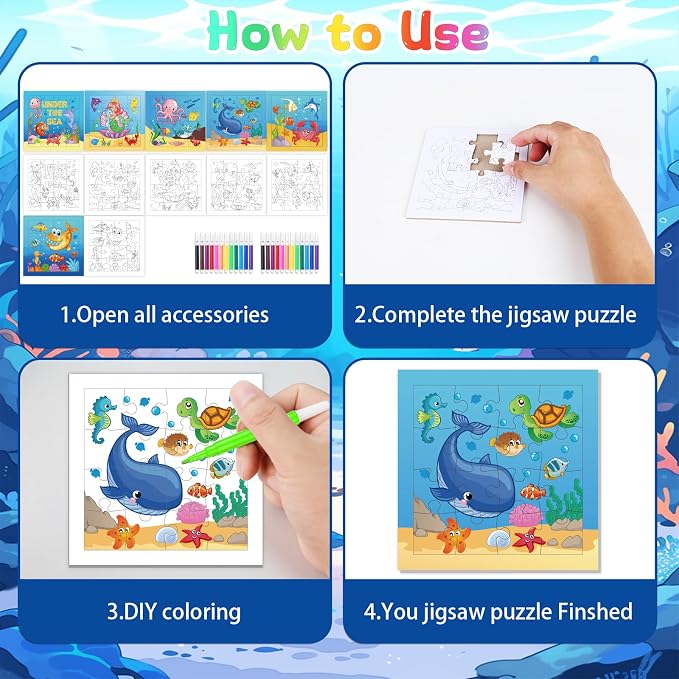 Fennoral 24 Pack Summer Crafts for Kids Bulk Color Your Own Under The Sea Jigsaw Puzzle with Base Design DIY Coloring Arts and Crafts Classroom Gifts Under the Sea Theme Party Favors,4.7inch