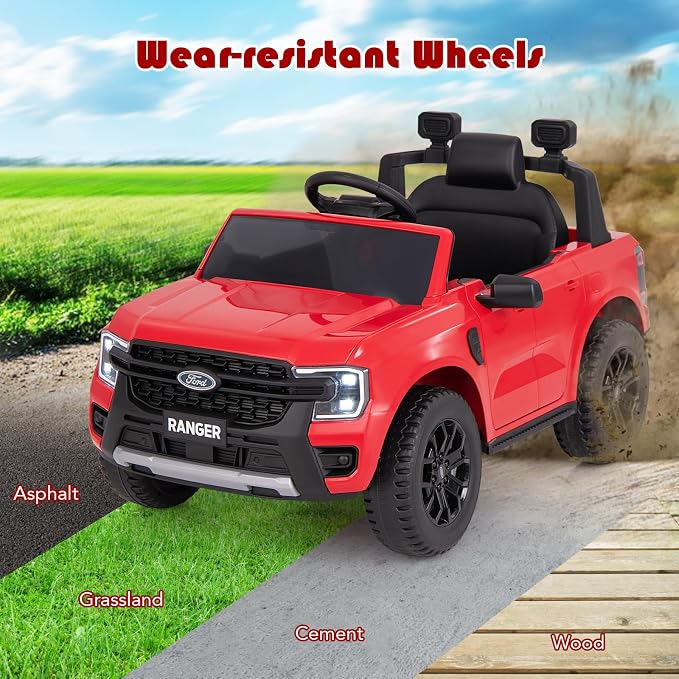 Licensed Ford Ranger Ride on Pickup Truck by INFANS, 12V Battery Powered Electric Vehicle for Kids with Remote Control, Headlight, Power Display, Bluetooth, MP3, Music, Aged 3-6 Years (Red)