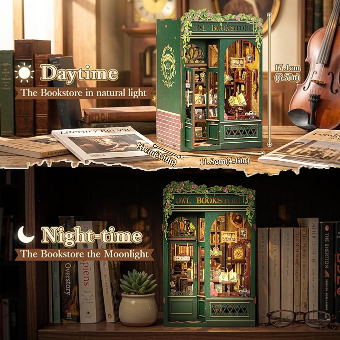 Fsolis Book Nook Kit - DIY Booknook Bookshop（OWL Bookstore） | Miniature House 3D Wooden Puzzles for Beginners, 139 Wood Pieces, Bookshelf Building with Light, Gifts for Book Lovers