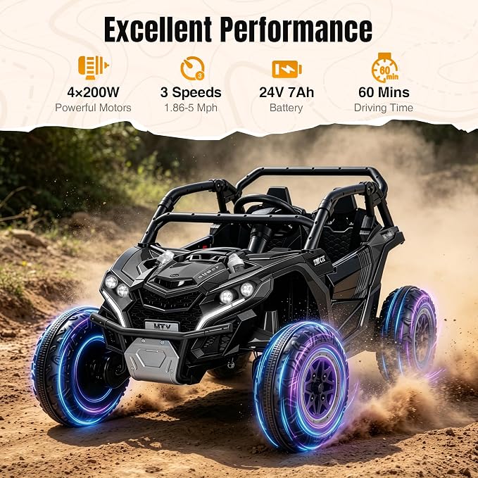 Firstness 24V Ride on Toys 800W Electric Remote Control Ride on Cars for Kids 2-Seater Riding Cars for Kids Ages 3-8, 3 Speed Mode, Music, LED Light, Off-Road UTV Ride on Truck for Boys & Girls, Black