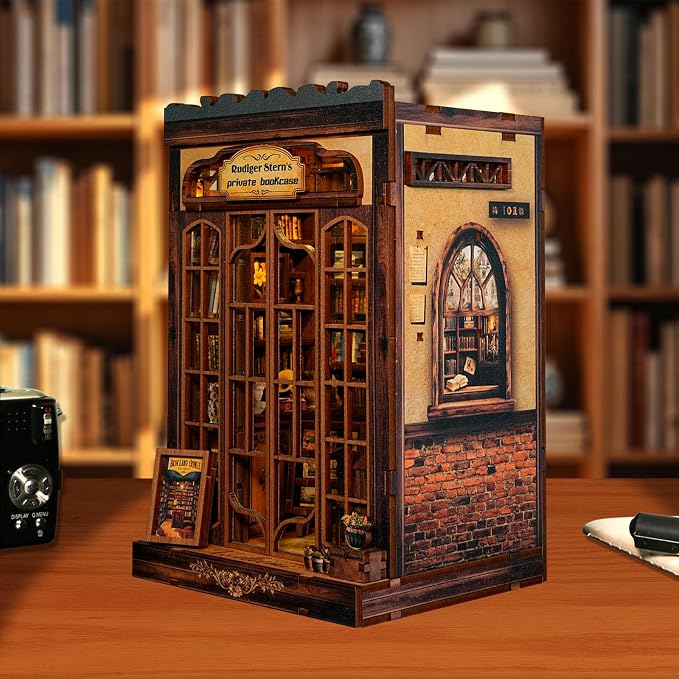DIY Miniature House Kit, Library Book Nook Kit, 3D Wooden Puzzles Bookshelf Craft Kits, Dollhouse Kit with LED Light, Mini Building Kit for Adults Teen to Build (Retro Bookstore)
