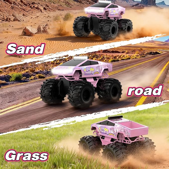 Cokzer Unicorn Cyber Truck Remote Control Car, 1:18 Girl Remote Control Car, 2.4 GHz Waterproof Amphibious RC Cars, 4WD All Terrain Off-Road Pickup for Girls Christmas Birthday Gifts Ages 6+ (Pink)