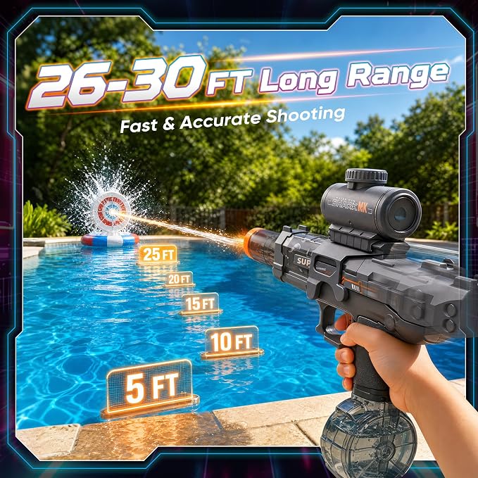 GONINO Electric Water Gun for Kids & Adults, Automatic LED Water Sprayer with Long Range Stream, Leak-Proof Rechargeable Battery Powered Outdoor Pool Toy, Summer Party Gift for Boys Girls, Gray
