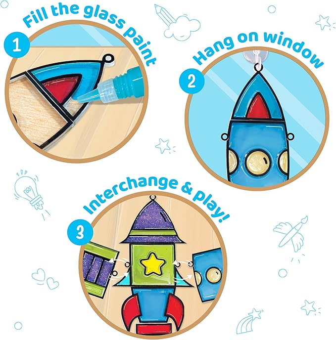 Imagimake Window Art Rocket | Low Mess Suncatcher Kit | 16 Pieces Glass Painting Set | Kids Activities Ages 5-8 | DIY Craft Kit | Birthday Gift for Boys & Girls Ages 5,6,7,8,9,10,12 Years Old