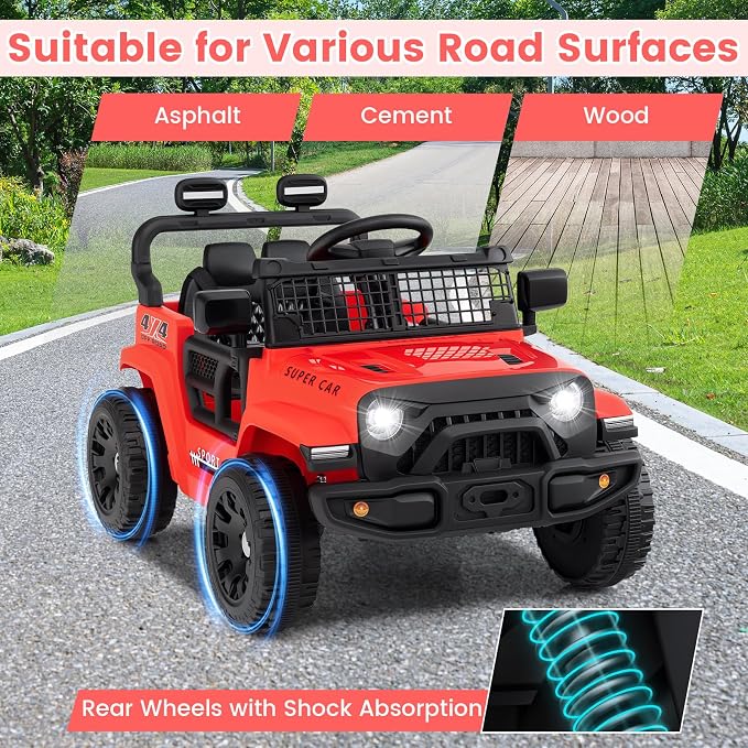 OLAKIDS 12V Ride On Truck, Battery Powered Electric Vehicle for Kids with Remote Control, Foldable Reflective Mirror, Spring Suspension, Music, LED Lights, Ride on Toy for 3+ Boys Girls (Red)