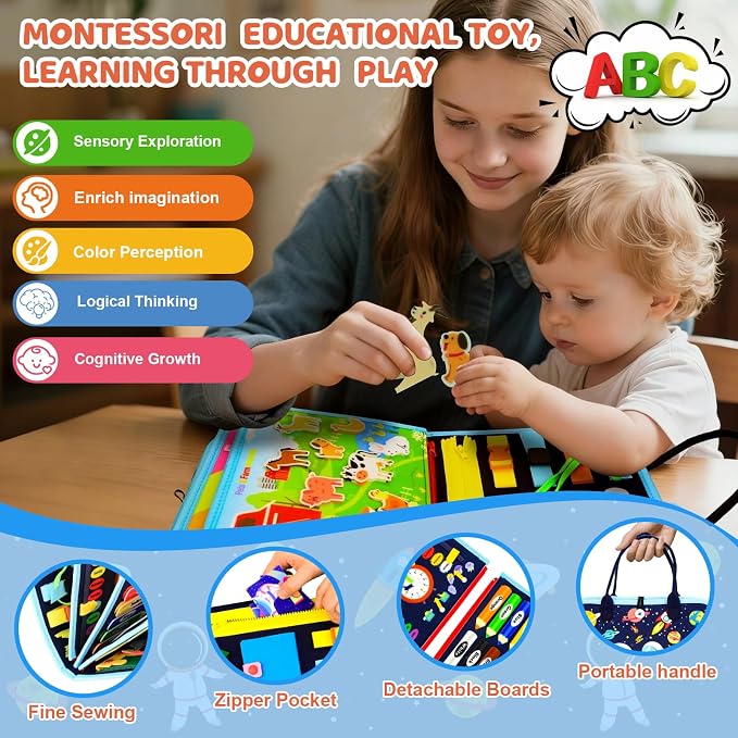 Toddler Busy Board Montessori Toys for Toddler 1-3 Year Old, Boy Birthday Gifts, Preschool Educational Montessori Busy Book Board, Felt Sensory Activity Board Sorting Toy Age 2-4 with Fine Motor Skill