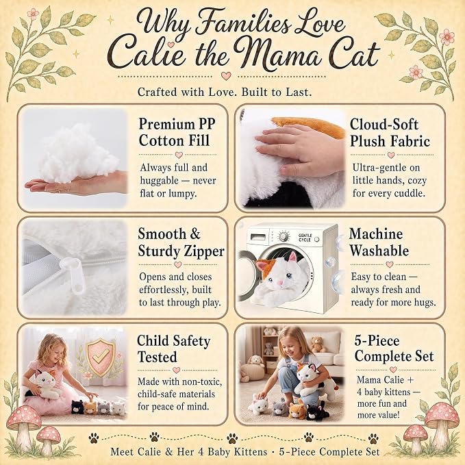 gnomantic Cat Stuffed Animals with Babies Inside, Mommy Toy for Kids | 5-Piece set: 1 mommy cat + 4 baby kittens inside. Unzip belly to reveal surprise babies. Ultra-soft, ages 3-8.