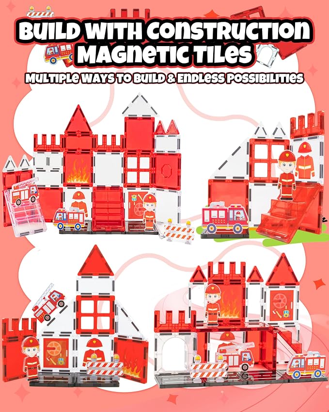 Magnetic Tiles for Kids Ages 3+, Fire Rescue Magnetic Tiles Building Blocks with Rescue Scene Pieces, Firefighter Elements & Accessories, STEM Toys for Toddlers, Ideal Gift for Boys and Girls