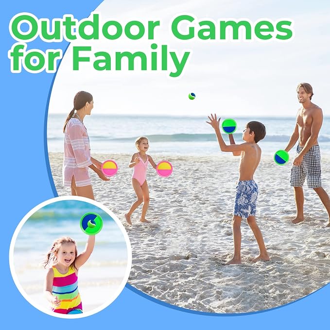 Weehoey Beach Toys - Outdoor Games for Kids, Toss and Catch Ball Set with 4 Paddles 3 Balls, Toys for 3 4 5 6 7 8+ Year Old Boys Girls Christmas Birthday Gifts (Pink and Green)