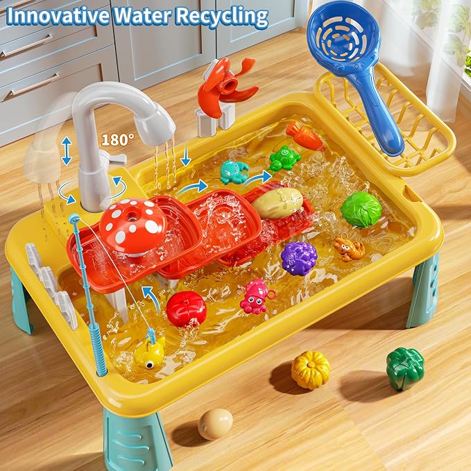 JUKUDAHU Water Table for Toddlers 1-3 - Outdoor Toys with Electrical Water Pump, Kitchen Play Sink with Running Water for Kids Ages 4-8, Fishing Toy, Sensory Activity Pool Toys Gifts for Boys Girls